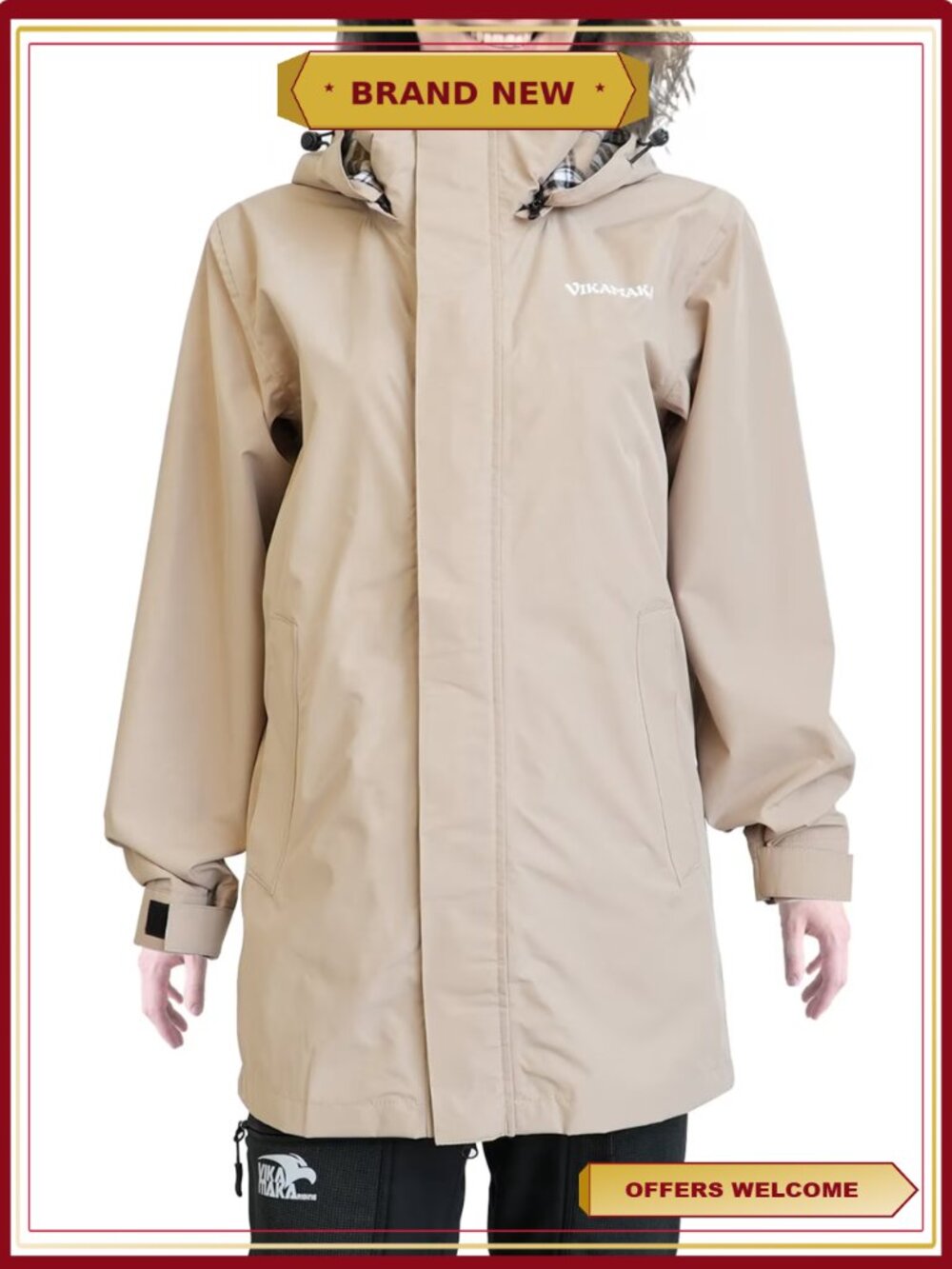 Waterproof Long Raincoat Detachable Hood Reflective Cycling Khaki XL